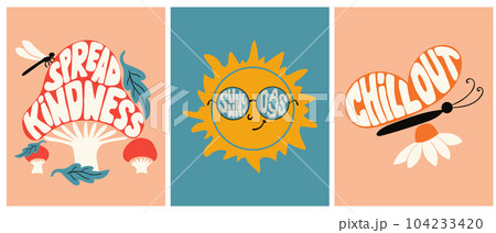 Nostalgic hippie typographic lettering set. Groovy hand drawn slogans in shape of mushroom, sunglasses and butterfly. Trendy print design for posters, cards, tshirt, social media graphics Nostalgic hippie typographic lettering set. Groovy hand drawn slogans in shape of mushroom, sunglasses and butterfly. Trendy print design for posters, cards, tshirt, social media graphics 104233420