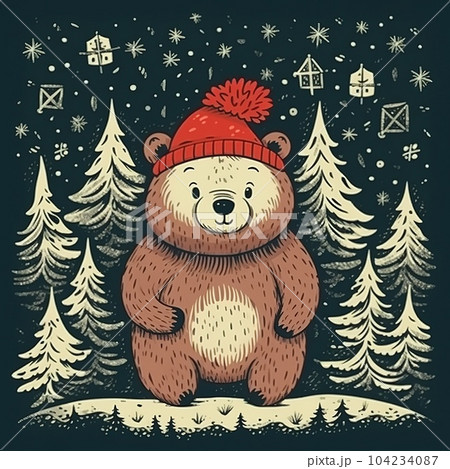 Cute teddy bear in a red knitted hat and scarf with a Christmas tree and snowflakes. Watercolor 104234087