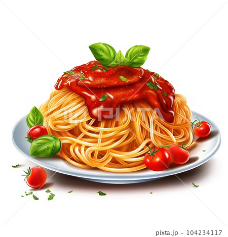 Plate of spaghetti with tomato sauce on a white background 104234117