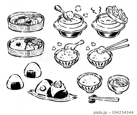 色々なご飯(お弁当・おにぎり・ご飯釜・お茶碗)筆タッチイラスト 単色線画のみ 色々なご飯(お弁当・おにぎり・ご飯釜・お茶碗)筆タッチイラスト 単色線画のみ 104234344