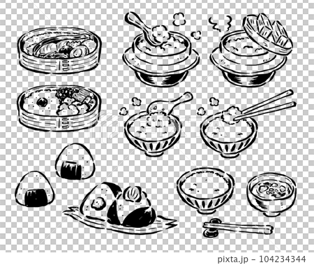 色々なご飯(お弁当・おにぎり・ご飯釜・お茶碗)筆タッチイラスト 単色線画のみ 色々なご飯(お弁当・おにぎり・ご飯釜・お茶碗)筆タッチイラスト 単色線画のみ 104234344