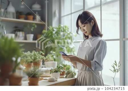 部屋でモバイルデバイスを操作している女性「AI生成画像」 104234715