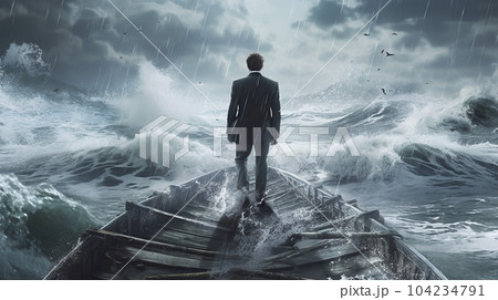 嵐で荒れた大海とビジネスマン「AI生成画像」 104234791