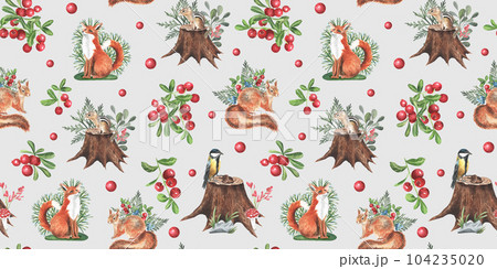 Watercolor seamless pattern with cute animals, forests pattern, baby Wallpapers. tit bird, chipmunk, squirrel, Fox, berries and leaves. Isolated on grey background. child wallpaper, textile, fabric Watercolor seamless pattern with cute animals, forests pattern, baby Wallpapers. tit bird, chipmunk, squirrel, Fox, berries and leaves. Isolated on grey background. child wallpaper, textile, fabric 104235020