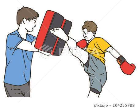 格闘技のキックをする若い男性とトレーナー 格闘技のキックをする若い男性とトレーナー 104235788