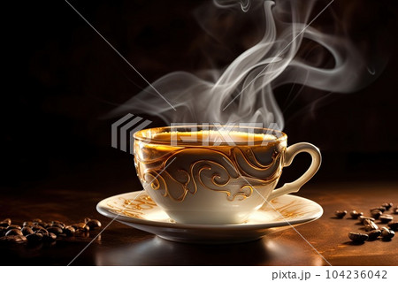 A close - up shot of a cup of steaming hot coffee, with wisps of aromatic steam rising from the surface illustration generative ai 104236042