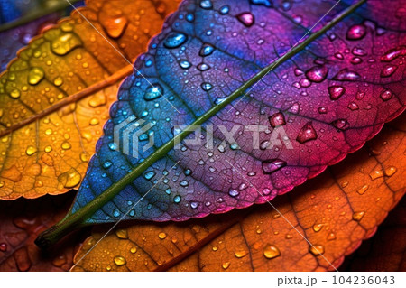 A macro photograph of colorful autumn leaves, showcasing the intricate details and vibrant hues of the changing season. illustration generative ai 104236043