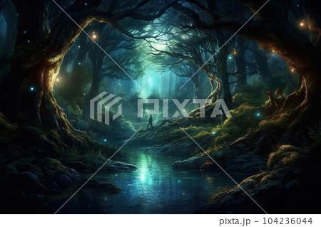 A mystical forest illuminated by ethereal moonlight, where ancient trees whisper secrets and mythical creatures come to life in the shadows illustration generative ai 104236044