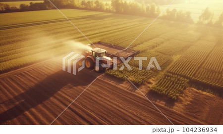 農場と夕暮れ時の上空　AI生成画像 Agricultural farm field 104236934