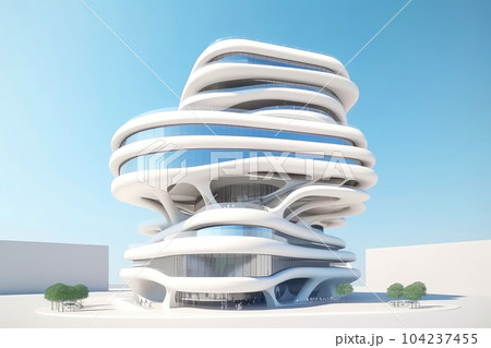 3D futuristic sci-fi white city architecture with organic skyscrapers, for science fiction or fantasy backgrounds, Abstract building, Generative AI illustration 104237455