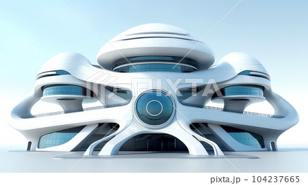 3D futuristic sci-fi white city architecture with organic skyscrapers, for science fiction or fantasy backgrounds, Abstract building, Generative AI illustration 104237665