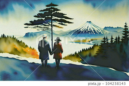 シニアカップルの日本旅行　水彩イラスト　Generative AI 104238143