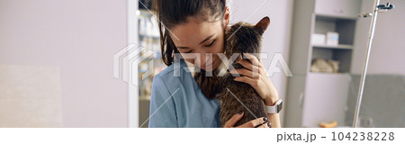 Veterinarian trainee in uniform embraces adorable tabby cat in modern clinic office Veterinarian trainee in uniform embraces adorable tabby cat in modern clinic office 104238228