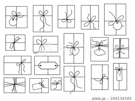 Gift box with bow and label tag on ribbon string vector silhouette icon set. 104238385