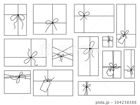 Gift box with bow and label tag on ribbon string vector silhouette icon set. Gift box with bow and label tag on ribbon string vector silhouette icon set. 104238388