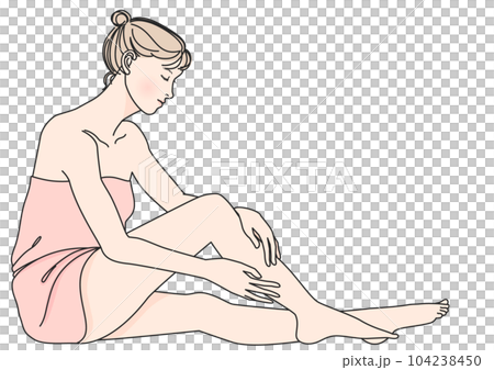 Illustration of a young Japanese woman self-massaging her legs after a bath, full body, side view, profile 104238450
