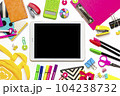 Back to school, education concept Backpack with school supplies Notebook, pens, ruler, calculator, scissors, tablet isolated on white background Top view Copy space Flat lay composition. 104238732