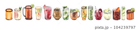 Watercolor cocktail glasses set: martini, gin, wine, margarita, goblet, liquor, rum. Hand-drawn illustration isolated on white background. Perfect for recipe lists with alcoholic drinks, for cafe Watercolor cocktail glasses set: martini, gin, wine, margarita, goblet, liquor, rum. Hand-drawn illustration isolated on white background. Perfect for recipe lists with alcoholic drinks, for cafe 104239797