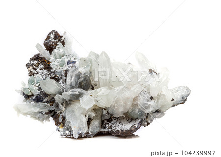 Macro mineral stone Drusus quartz with sphalerite in the rock a white background 104239997
