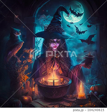 Magic fantasy land, sorceress brews magic potion, halloween 104240615