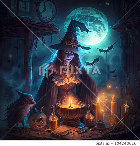 Magic fantasy land, sorceress brews magic potion, halloween Magic fantasy land, sorceress brews magic potion, halloween 104240616