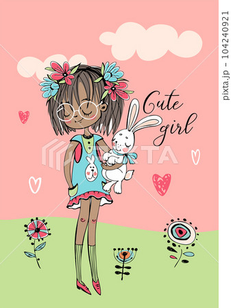Cute girl with a bunny. Vector illustration 104240921