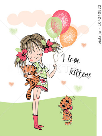 Cute girl with a kittens and balloons. Vector illustration Cute girl with a kittens and balloons. Vector illustration 104240922