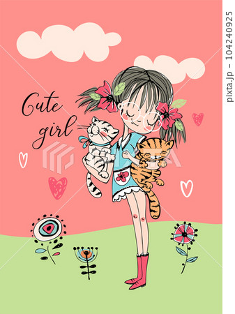 Cute girl with a cats. Vector illustration Cute girl with a cats. Vector illustration 104240925