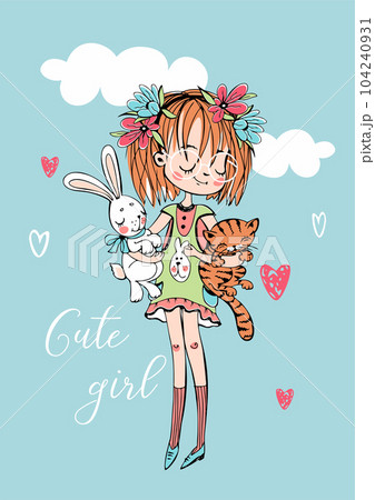 Cute girl with a cat and a bunny. Vector illustration 104240931