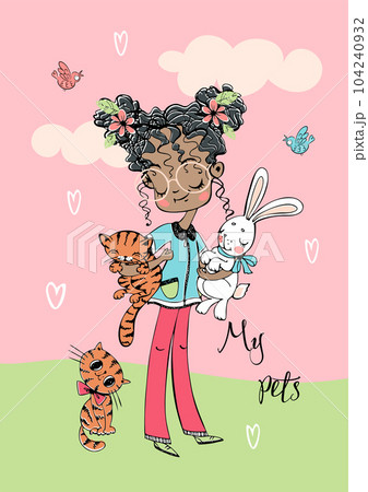 A cute girl with kittens and a bunny. Vector illustration. 104240932
