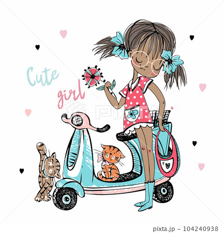 Cute girl with near her scooter. Lifestyle. Vector. 104240938