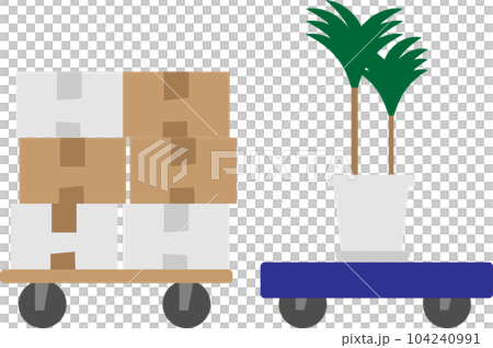 A flat trolley loaded with cardboard and foliage plants 104240991