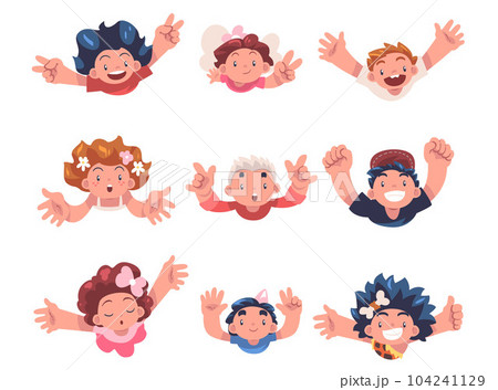 Happy Children with Their Hands Up Above View Vector Set 104241129