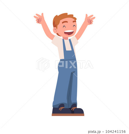 Happy Boy with His Hands Up Standing and Smiling Vector Illustration Happy Boy with His Hands Up Standing and Smiling Vector Illustration 104241156