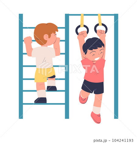 Little Boy Climb Ladder and Hang on Rings Being at Kindergarden Vector Illustration Little Boy Climb Ladder and Hang on Rings Being at Kindergarden Vector Illustration 104241193