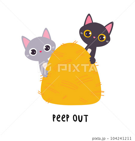 Funny Cat Peep Out from Hay Stack as English Verb for Educational Activity Vector Illustration 104241211