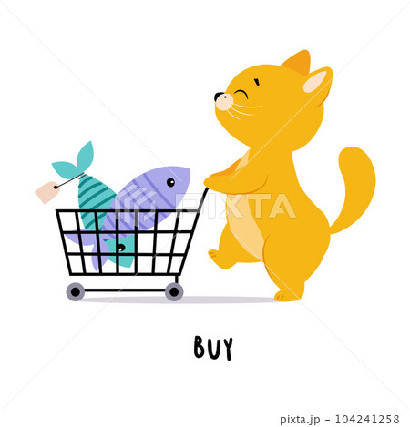 Funny Ginger Cat Buy Fish Walk with Shopping Cart as English Verb for Educational Activity Vector Illustration 104241258