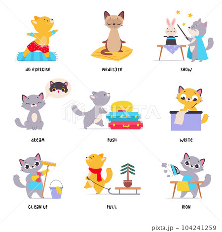 Funny Cat in Different Action as English Verb for Educational Activity Vector Illustration Set Funny Cat in Different Action as English Verb for Educational Activity Vector Illustration Set 104241259