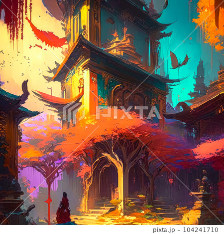 Ancient Asian pagoda, oriental architecture, watercolor style illustration. 104241710