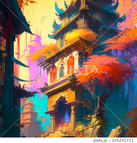 Ancient Asian pagoda, oriental architecture, watercolor style illustration. 104241711