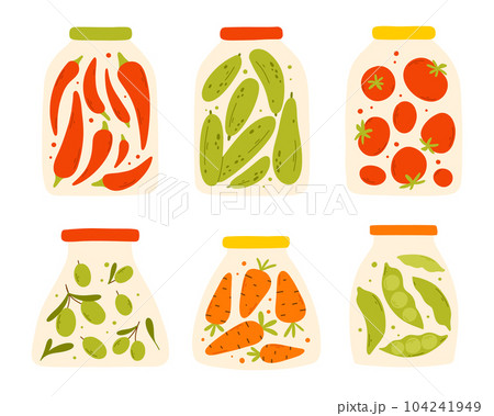 A set of homemade canned vegetables. Vector illustration in a flat style. Collection of jars with homemade pickles. 104241949