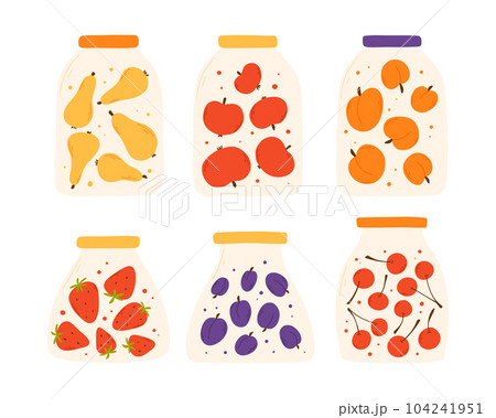A set of jars with homemade jam. Vector illustration in a flat style. Hand drawn homemade fruit marmalade. 104241951