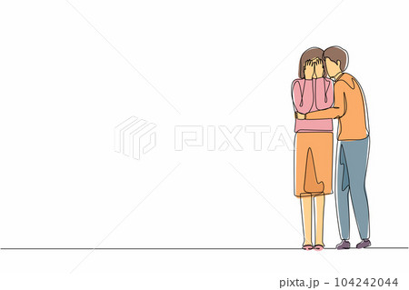 Single one line drawing man comforting her crying best friend. Depressed woman covering face with hands, her husband consoling, care about her. Help and support. Continuous line graphic design vector 104242044