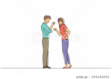 Continuous one line drawing angry aggressive couple man husband woman wife yelling and quarrelling together. Furious dispute discussion or disagreement. Single line design vector graphic illustration 104242055