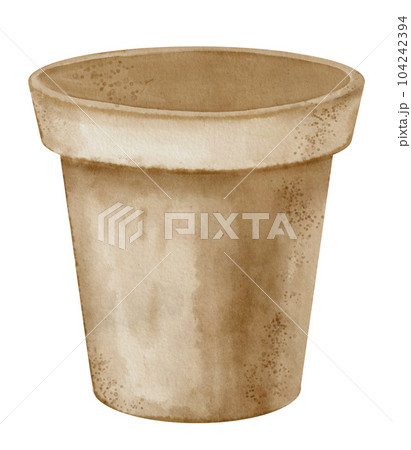 Empty Clay Flower Pot. Hand drawn watercolor illustration of ceramic simple Flowerpot on white isolated background. Blank brown home decor for clipart. Traditional handmade round cozy pottery. 104242394
