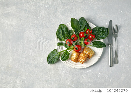 Red cherry tomatoes on a branch, green spinach leaves and fried mozzarella curd cheese on a dark plate on a light concrete table 104243270
