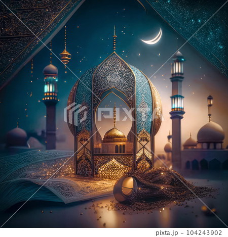 Islamic lantern, crescent over mosque for Ramadan Kareem and Eid Mubarak. Islamic lantern, crescent over mosque for Ramadan Kareem and Eid Mubarak. 104243902