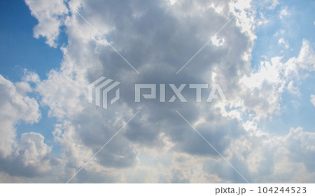 Scattered cloud clusters in a blue sky, blue sky background with white clouds. 104244523