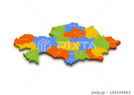 Kazakhstan political map of administrative divisions - regions and cities with region rights and city of republic significance Baikonur. Colorful 3D vector map with country province names and dropped Kazakhstan political map of administrative divisions - regions and cities with region rights and city of republic significance Baikonur. Colorful 3D vector map with country province names and dropped 104244663