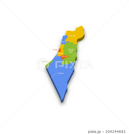 Israel political map of administrative divisions - districts, Gaza Strip and Judea and Samaria Area. Colorful 3D vector map with country province names and dropped shadow. Israel political map of administrative divisions - districts, Gaza Strip and Judea and Samaria Area. Colorful 3D vector map with country province names and dropped shadow. 104244681